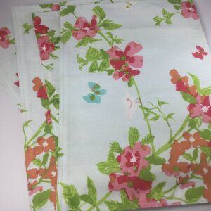 Placemats Cotton Light Blue with Red Pink Flowers Butterflies Birds Set of 4. 19